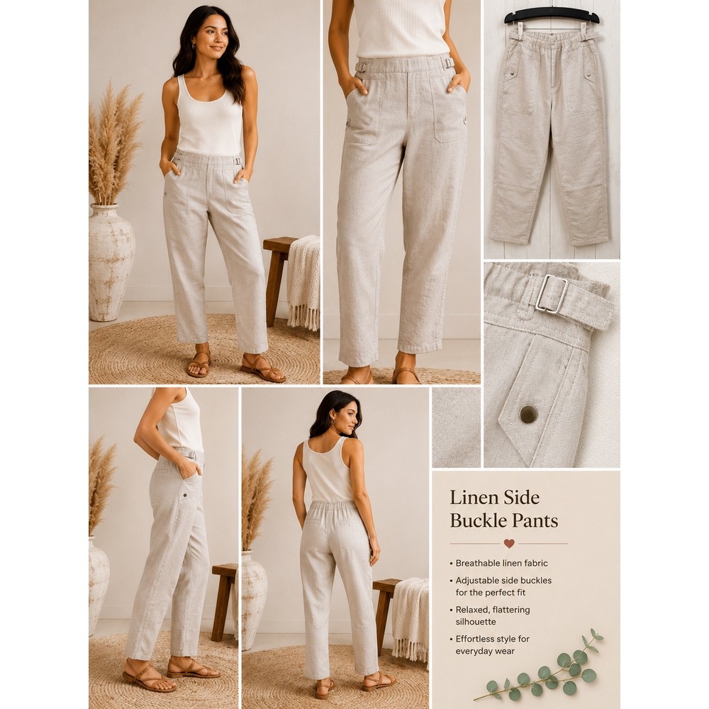 Athleta Linen Side Buckle Pants Beige Oatmeal Petite 6P Relaxed Tapered Ankle - Picture 2 of 15